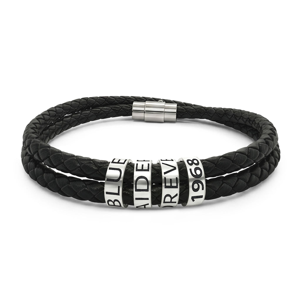BRF Engraved Black Leather Beaded Bracelet — Personalized
